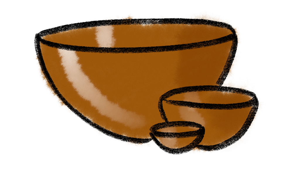 A simple crayon drawing of 3 bowls in tiny, medium, and large sizes with a watercolor wash in a caramel brown color