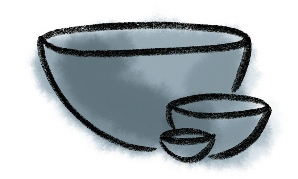 A simple crayon drawing of 3 bowls in tiny, medium, and large sizes with a watercolor wash in a blue-grey color