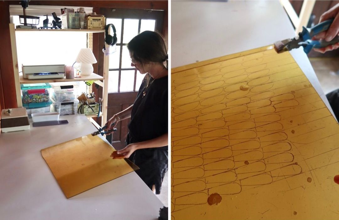Two photos side by side of Carley in the process of cutting shapes out of a large piece of glass.