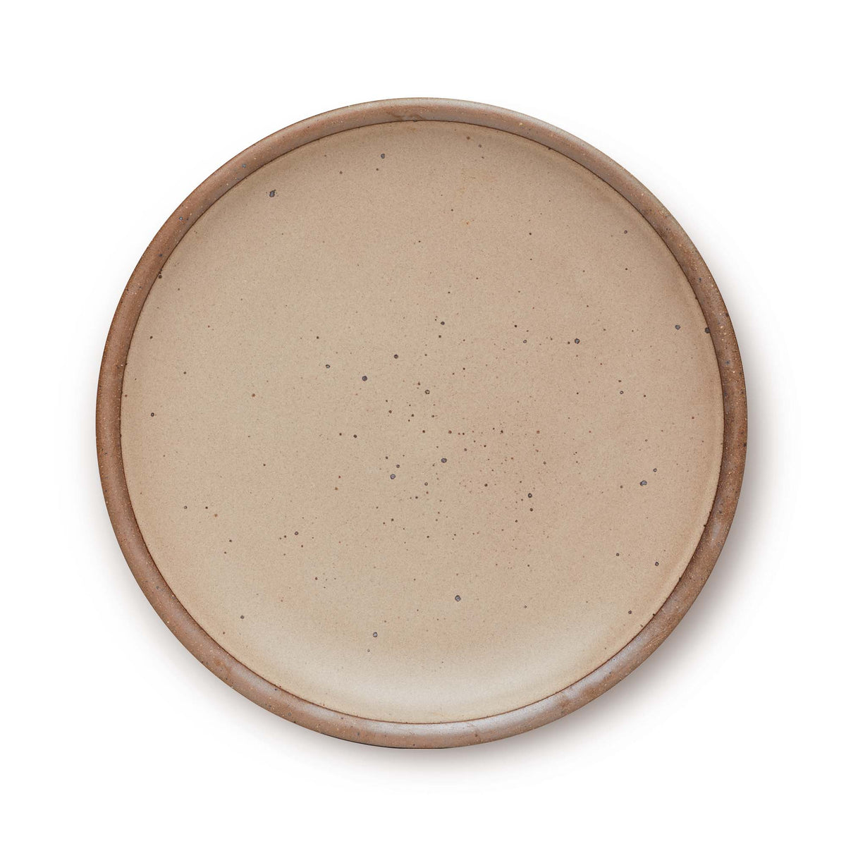 A large ceramic platter in a warm tan brown color featuring iron speckles and an unglazed rim.