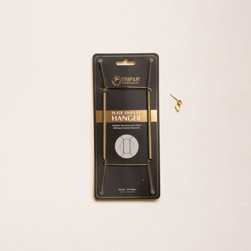 A brass plate hanger in its black cardboard package, with a nail off to the side.