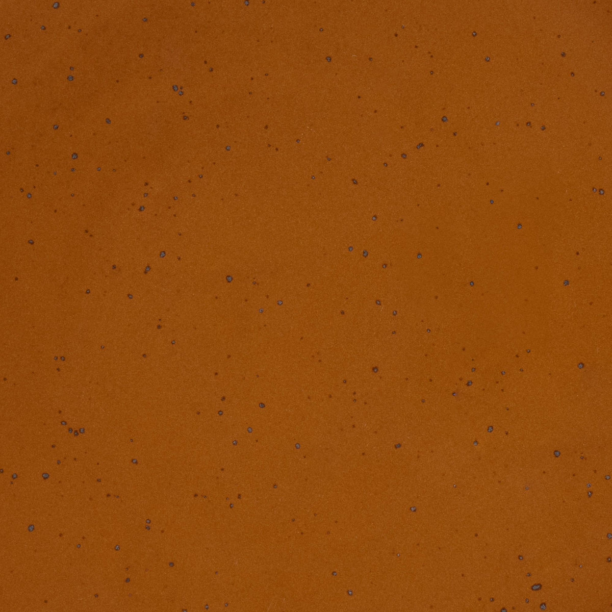A closeup of a ceramic plate in a glossy caramel brown color with iron speckles throughout