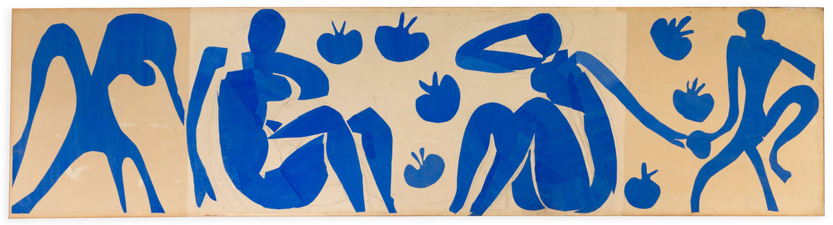 A photo of the original artwork, Femmes et singes, by Henri Matisse, featuring bright blue, abstract cut-out figures of women sitting, monkeys, and pomegranate across a white background. 