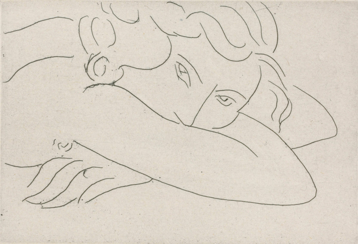 Henri Matisse's Jeune femme le visage enfoui dans les bras, a line drawing of a reclining woman with her face partially resting on her arm