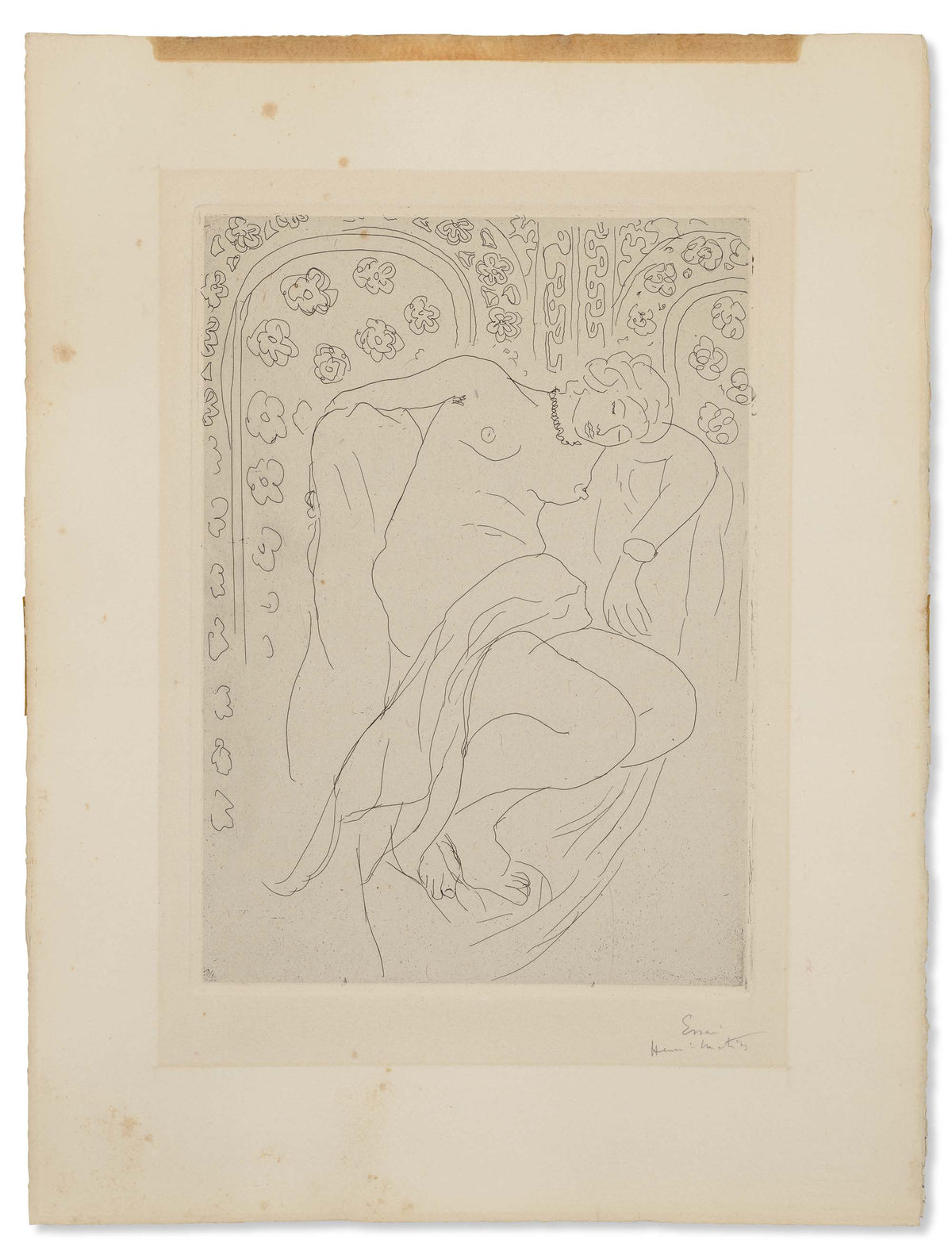 Henri Matisse's Figure endormie sur fond moucharabieh, featuring a fine line drawing of a reclining nude figure with decorative florals