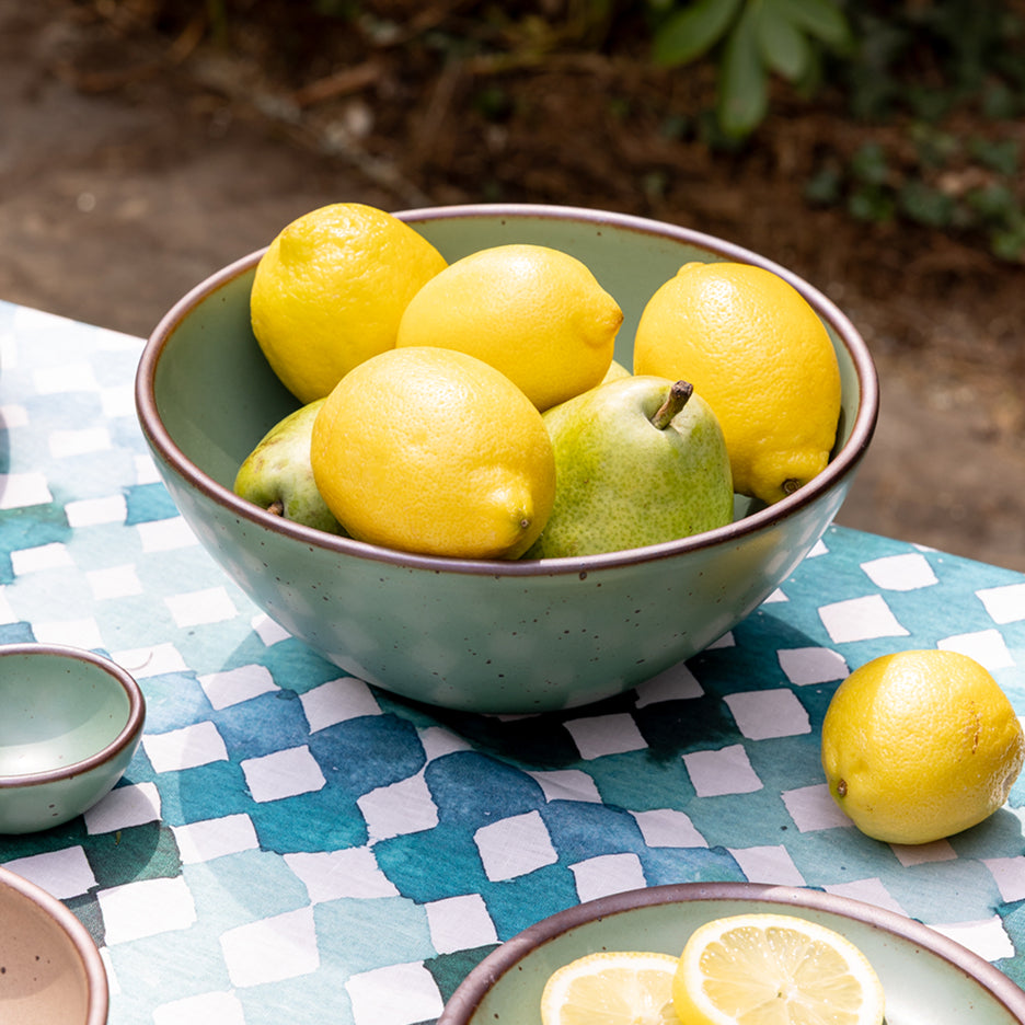 Bowl of lemons and a pear on a checkered tablecloth with a blurred outdoor background