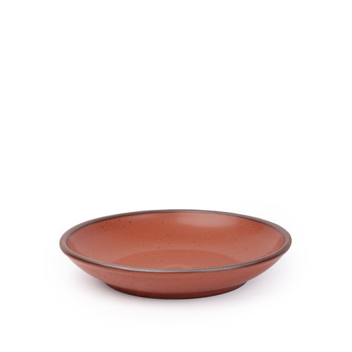 A medium ceramic plate with a curved bowl edge in a cool burnt terracotta color featuring iron speckles and an unglazed rim.