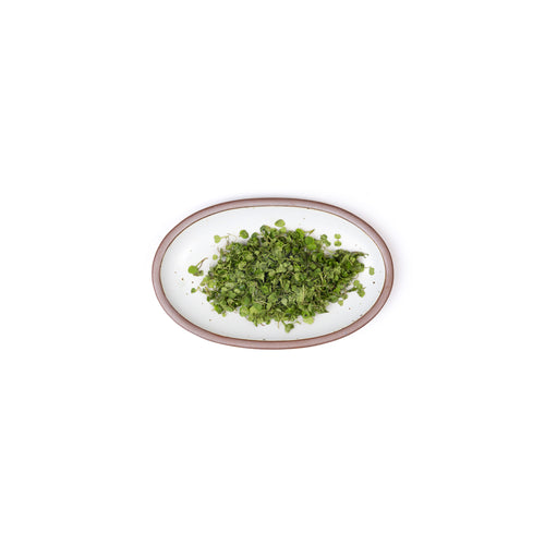 A small oval ceramic platter in a cool white color featuring iron speckles and an unglazed rim, with chopped herbs