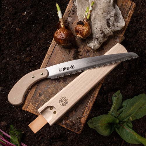 Gardening tools including a saw and pruner on a wooden board with plants and soil.