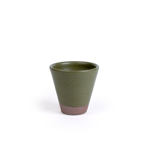 A tapered cup in an olive green color with iron speckles and unglazed base.