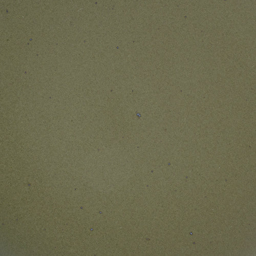 A closeup of a ceramic plate in an olive green color with iron spots