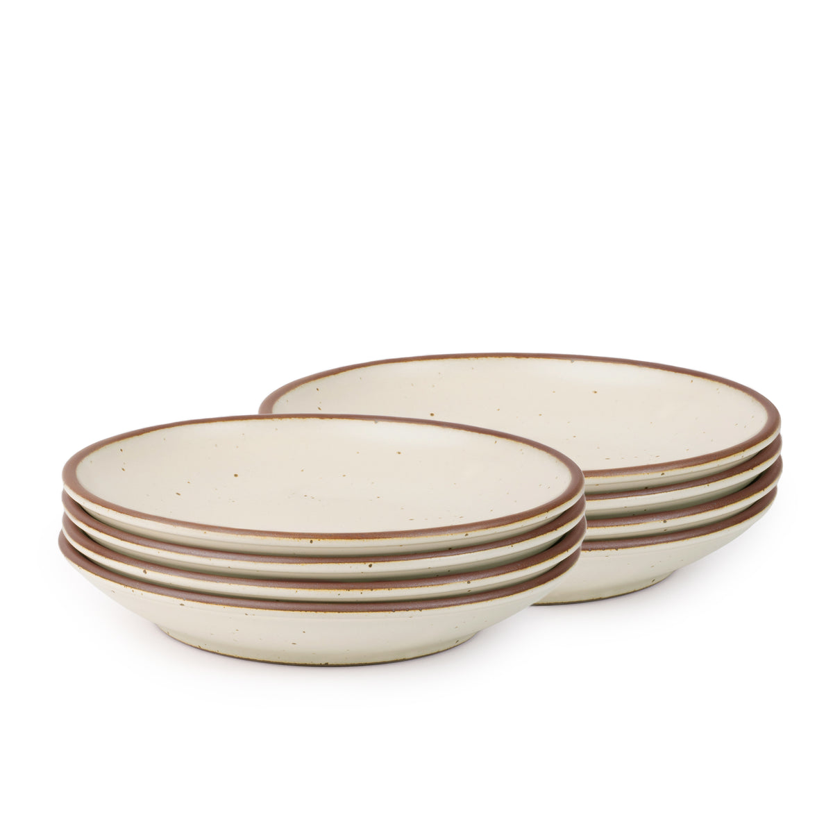 8 medium ceramic plates with a curved bowl edge in a warm off-white color featuring iron speckles and an unglazed rim.