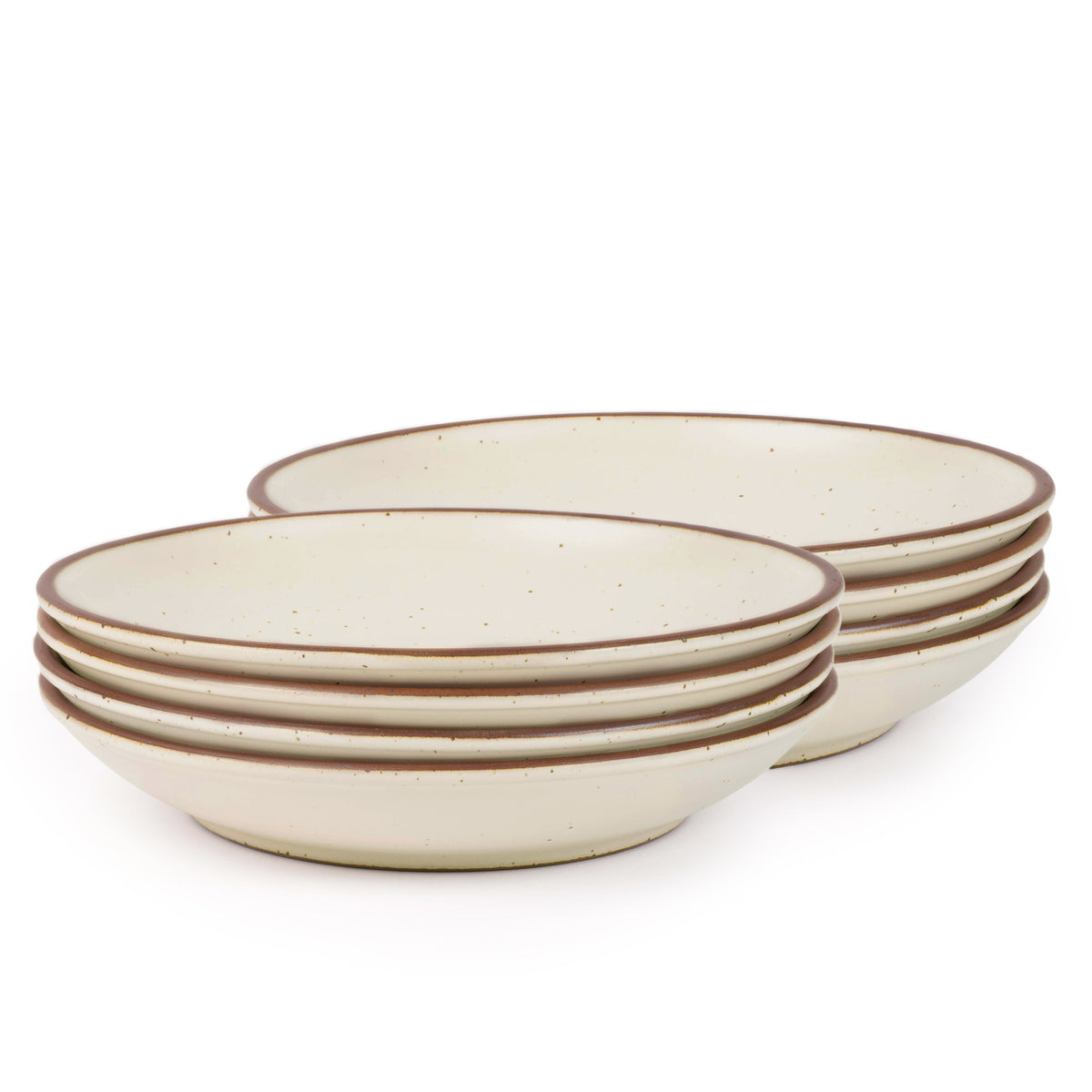 8 large ceramic plates with a curved bowl edge in a warm off-white color featuring iron speckles and an unglazed rim.