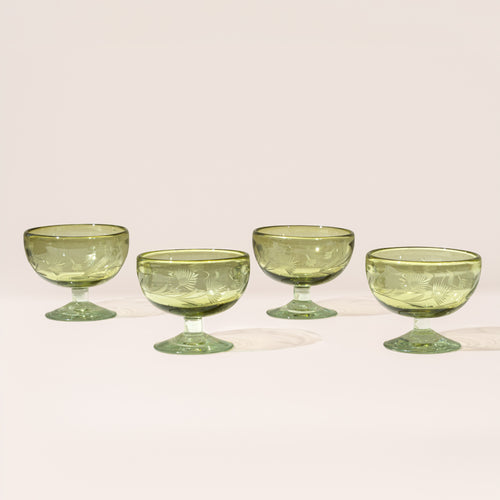 Four olive etched coupe glasses with a pedestal base and delicate botanical pattern, shown on a clean neutral background.