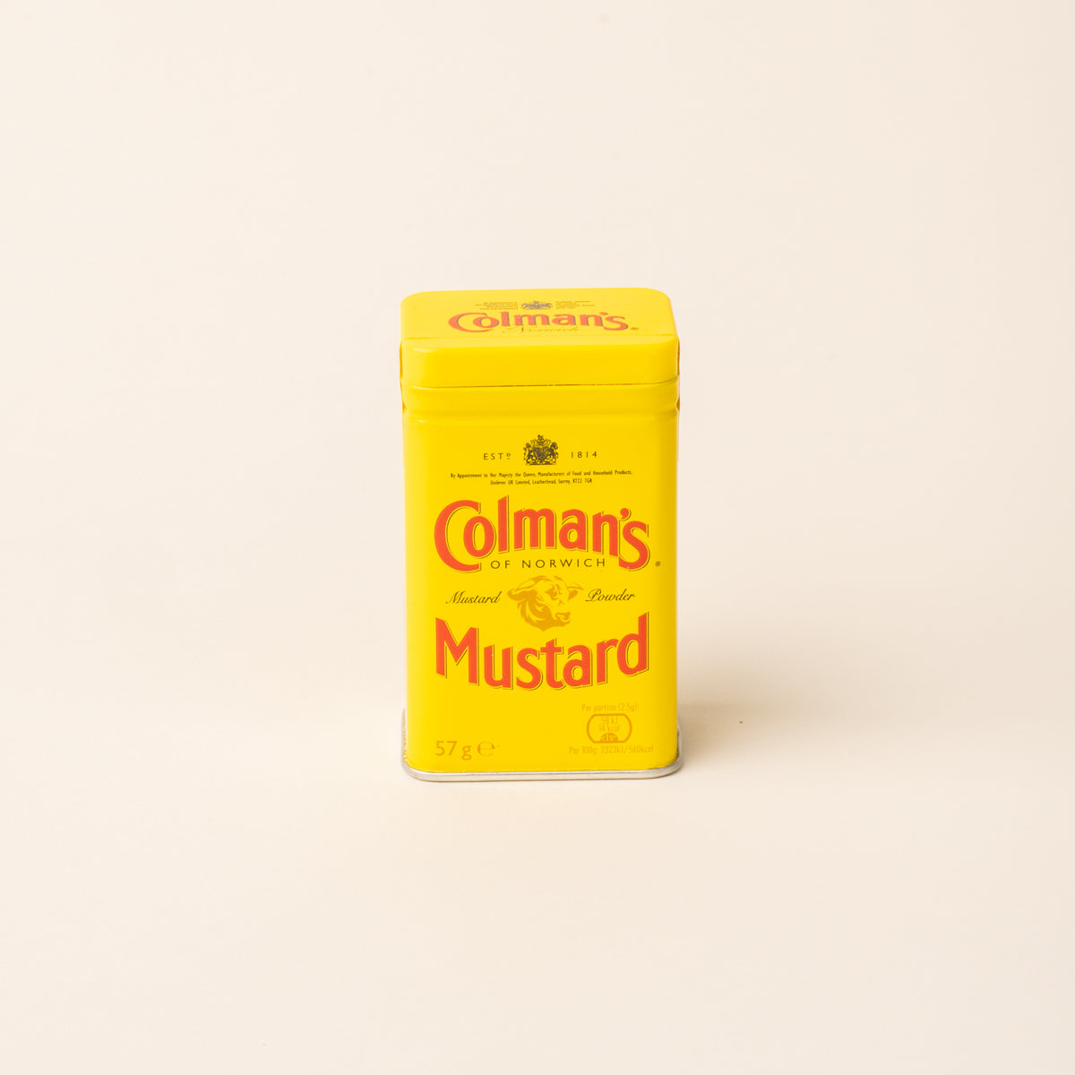 Colman's Mustard Powder tin on a plain white background.