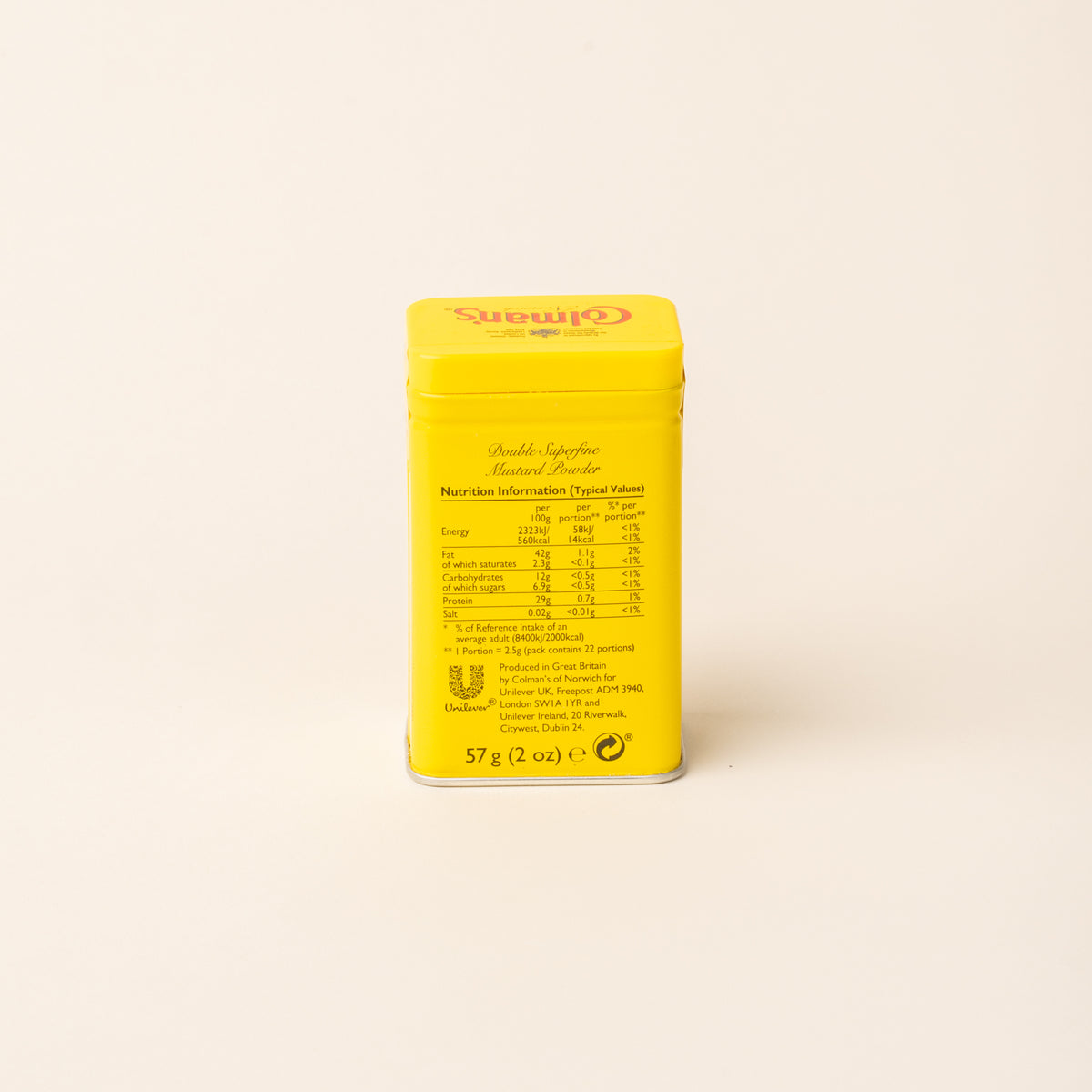 Back of Colman's Mustard Powder tin on a plain white background.