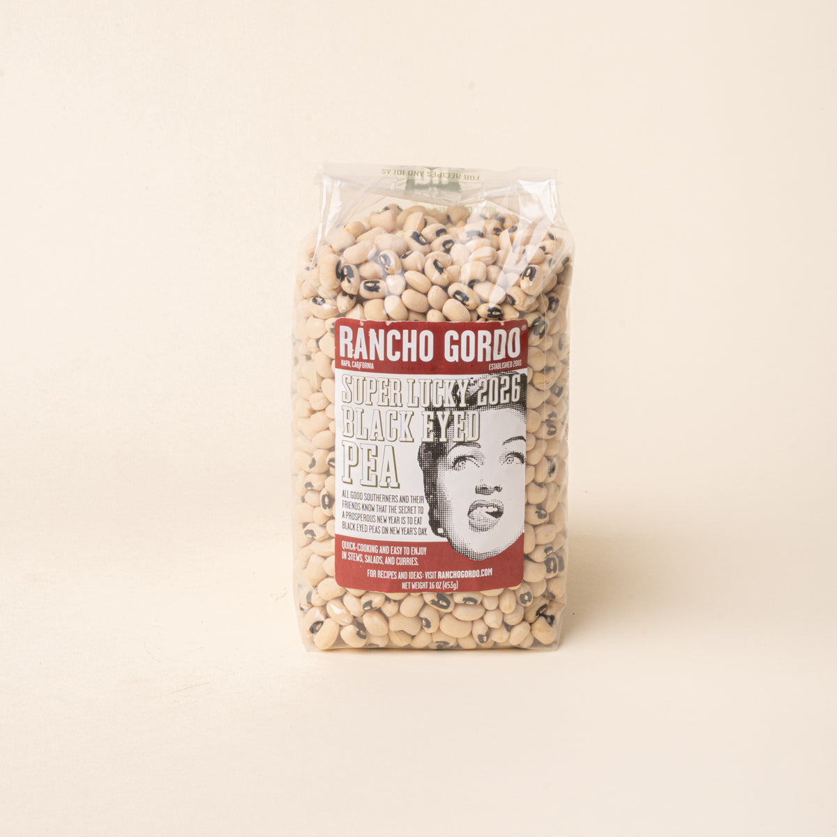 Bag of Rancho Gordo Super Lucky Black Eyed Peas on a plain white background.