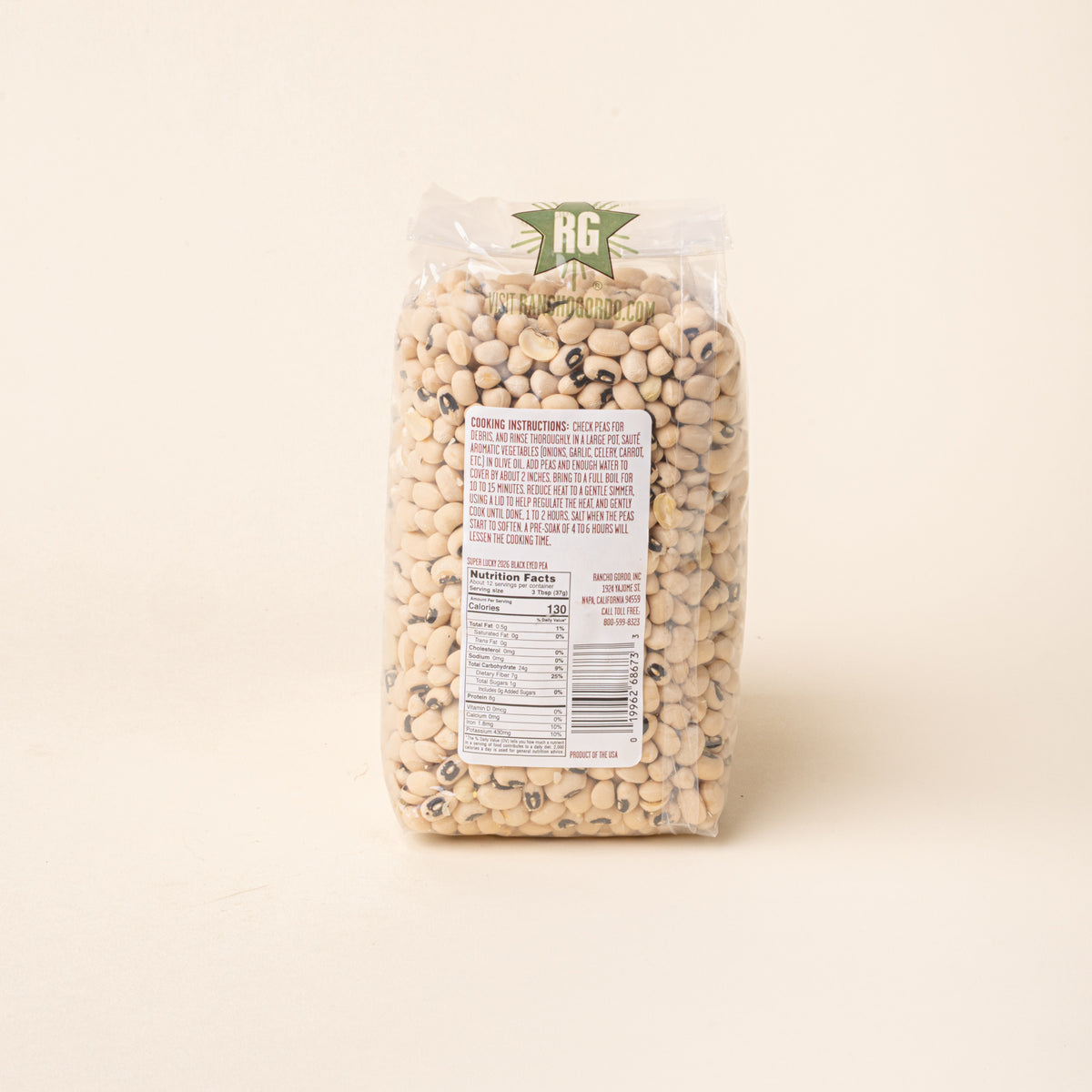 Back of a bag of Rancho Gordo Super Lucky Black Eyed Peas showing cooking instructions and nutrition facts.