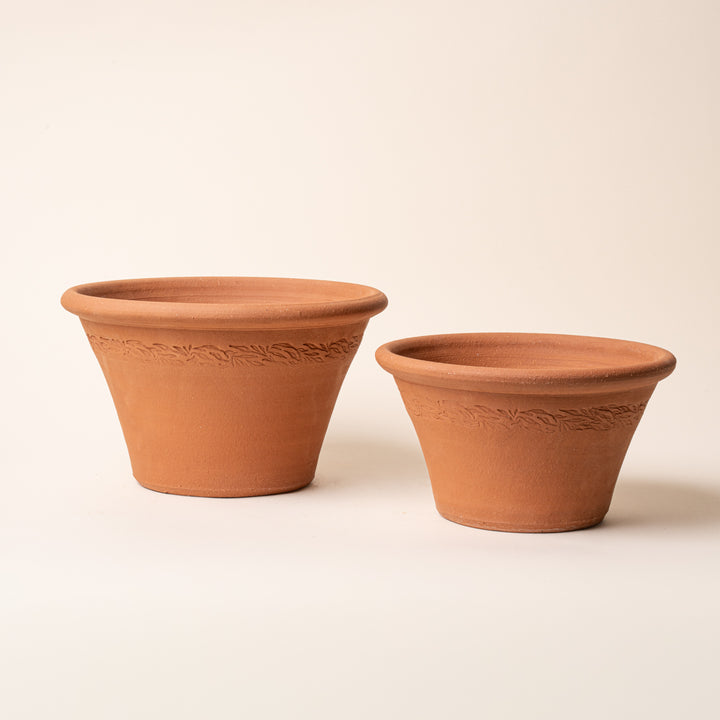 Set of a medium and small terracotta planters with embossed botanical border detailing, displayed against a neutral background.