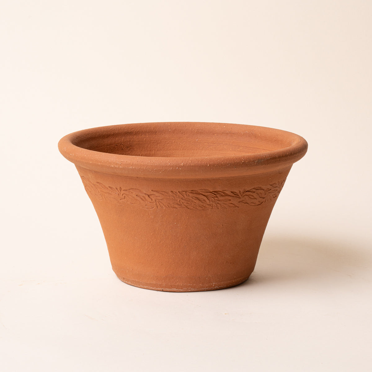 Small terracotta bowl planter with embossed botanical border detailing, displayed against a neutral background.