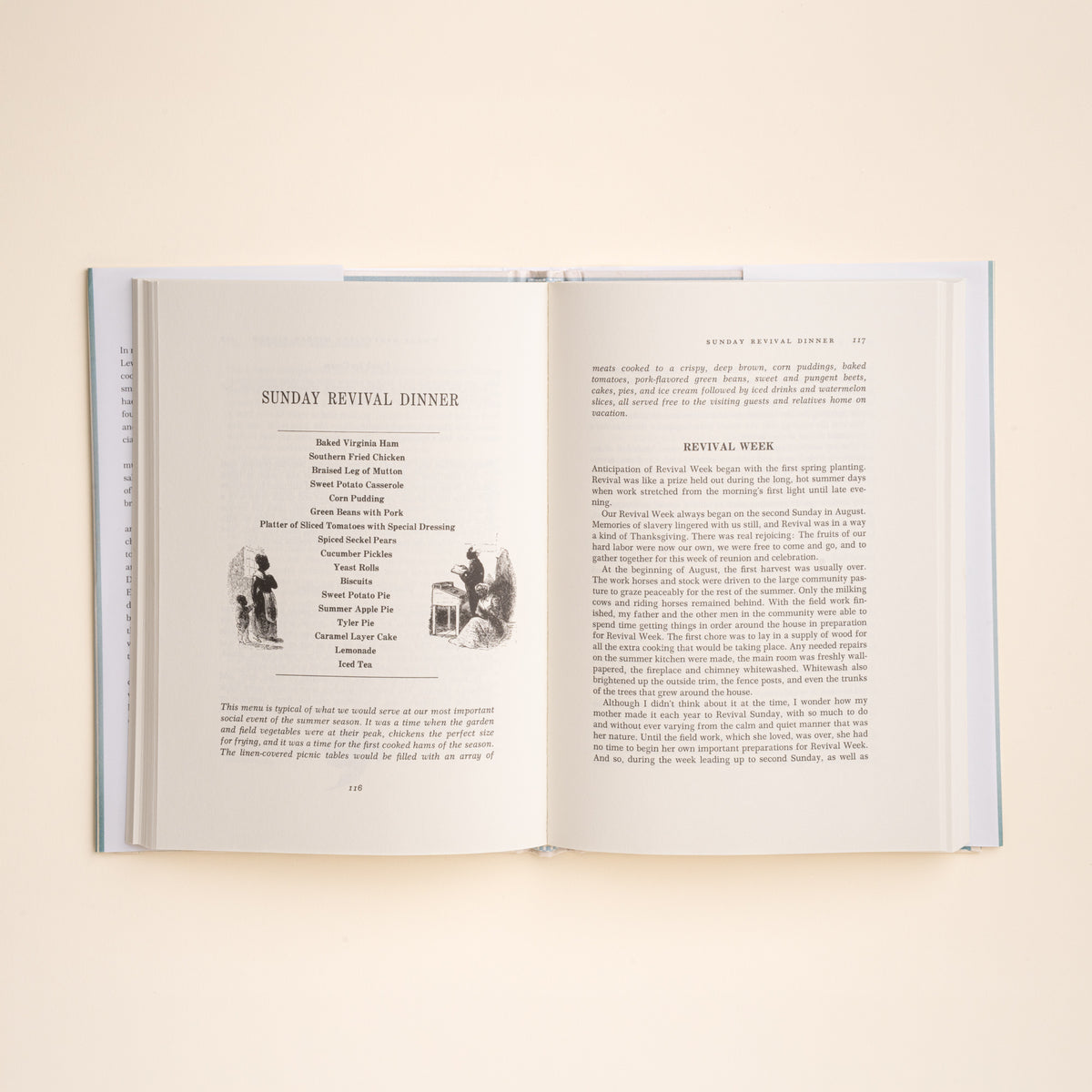 An open book laid flat on a warm cream background, showing two printed pages with text and small black-and-white illustrations. The visible title at the top of the pages appears to be 'Sunday Revival Dinner.