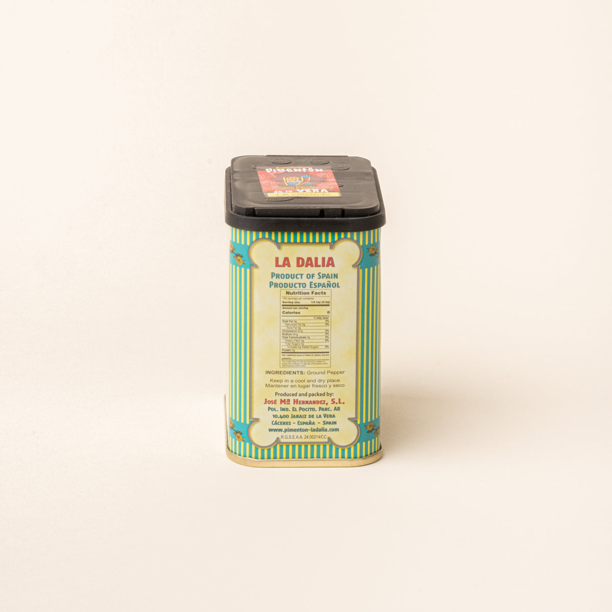 Side of La Dalia smoked paprika tin with nutrition and ingredient label on a plain white background.