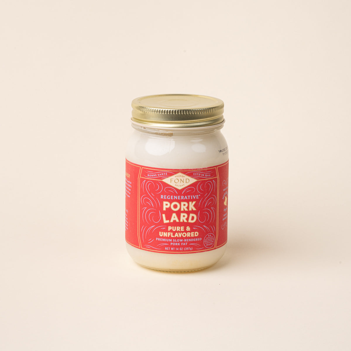 Jar of Fond Regenerative Pure & Unflavored Pork Lard on a plain white background.