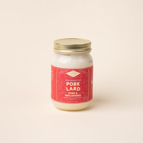 Jar of Fond Regenerative Pure & Unflavored Pork Lard on a plain white background.