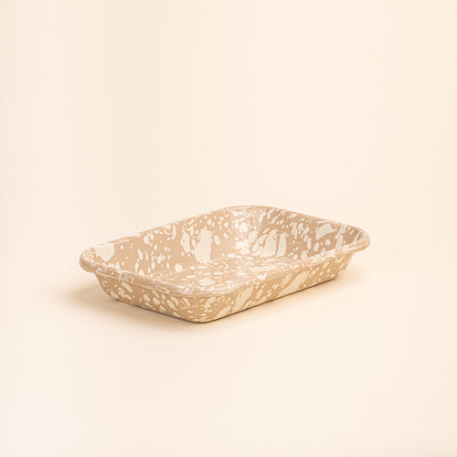 Medium rectangular baking dish in a neutral tan color with off-white splattered pattern.