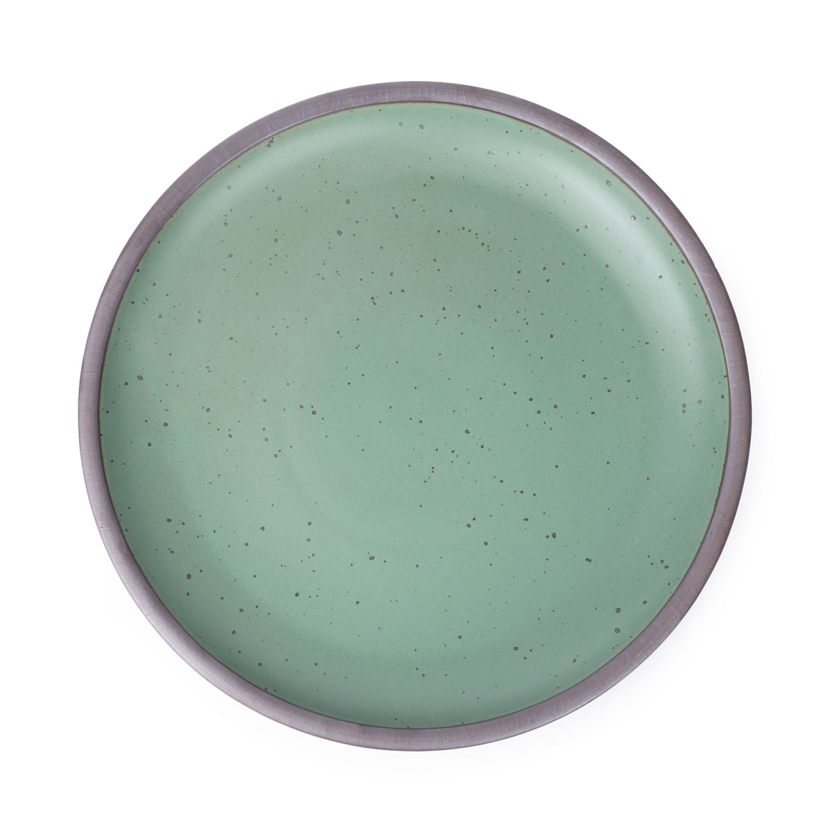 A large ceramic platter in a viridian green color featuring iron speckles and an unglazed rim.