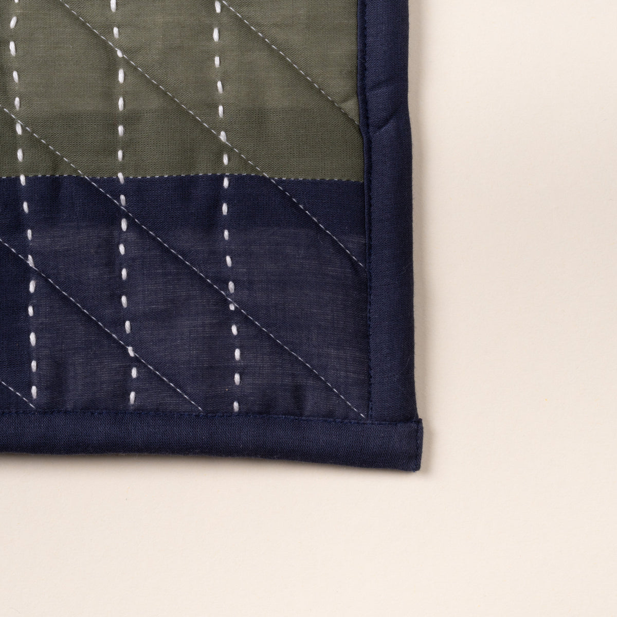 Closeup of a corner of quilted pot holder with green and navy patchwork squares and white stitched lines.