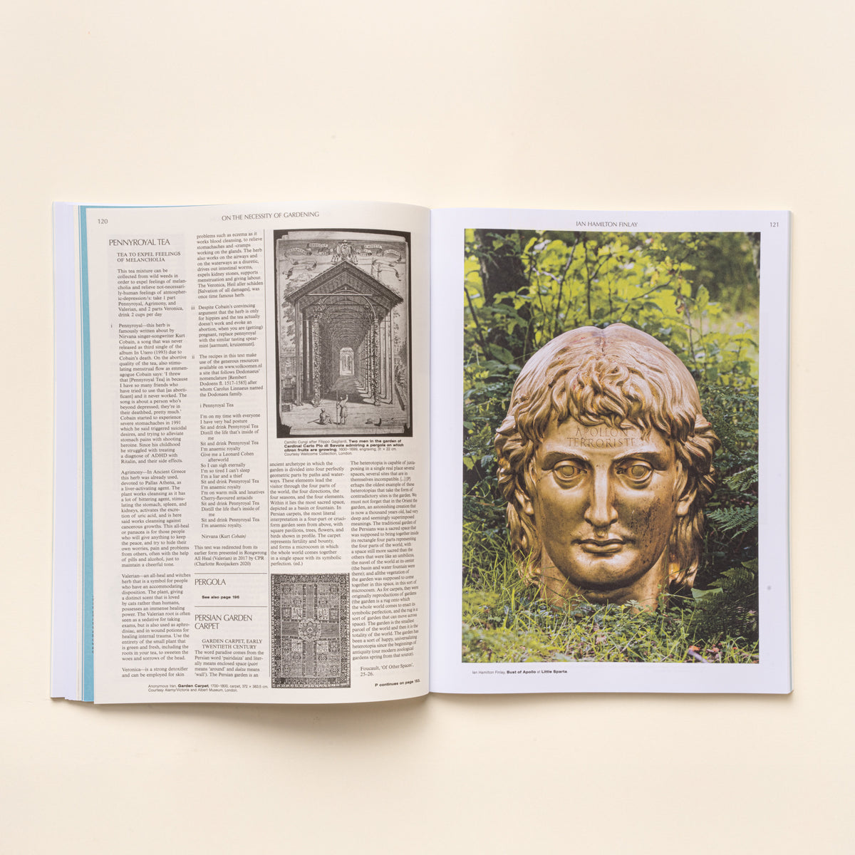 Open book spread with text and illustrations on left, and a large photo of a classical sculpture head in greenery on right.