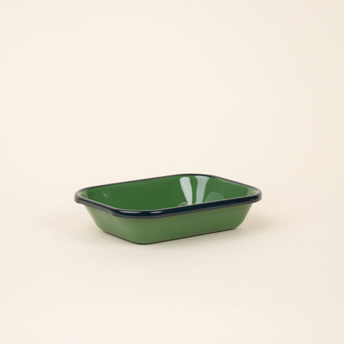Small rectangular baking dish in a green color with a dark green rim.