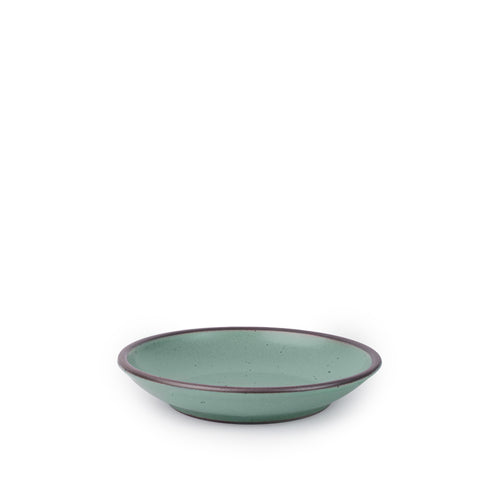A small ceramic plate with a curved bowl edge in a cool green color featuring iron speckles and an unglazed rim.