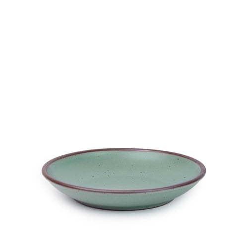 A medium ceramic plate with a curved bowl edge in a cool green color featuring iron speckles and an unglazed rim.