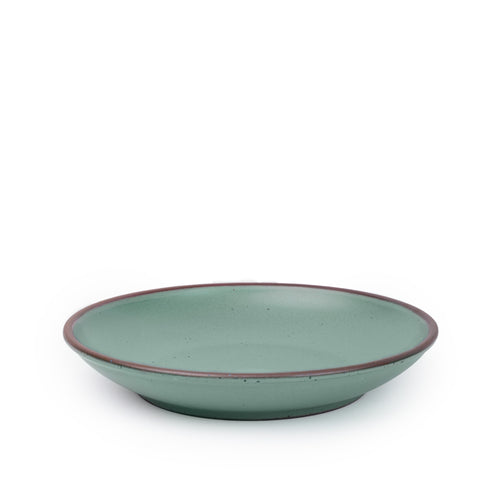 A large ceramic plate with a curved bowl edge in a cool green color featuring iron speckles and an unglazed rim.