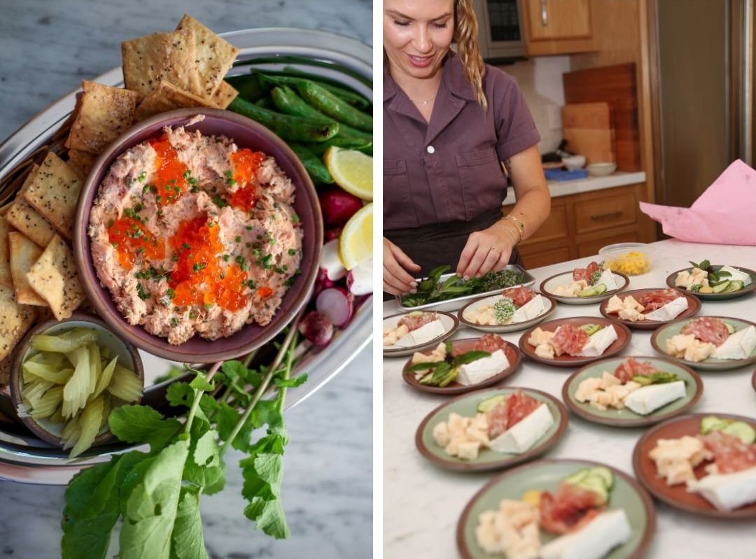 Two photos: The left features an artful dip arrangement with crackers, pickles and more. The right is rows of colorful small ceramic cake plates filled with meats and cheeses.