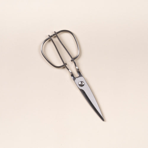 Closed stainless steel kitchen scissors with a looped handle, on a light neutral background.