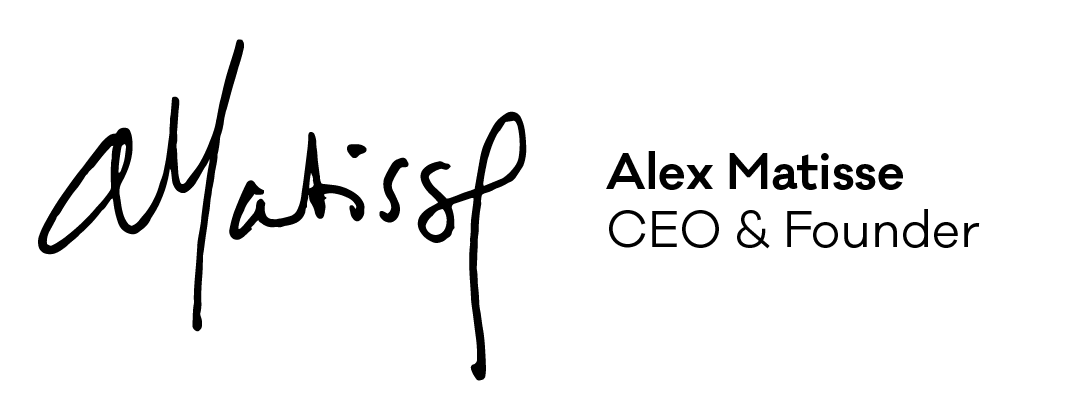 A handwritten signature by Alex Matisse with text reading 
