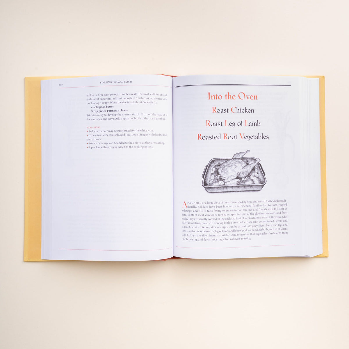 Open cookbook showing a roast chicken illustration with recipes for roast chicken, leg of lamb, and roasted root vegetables.
