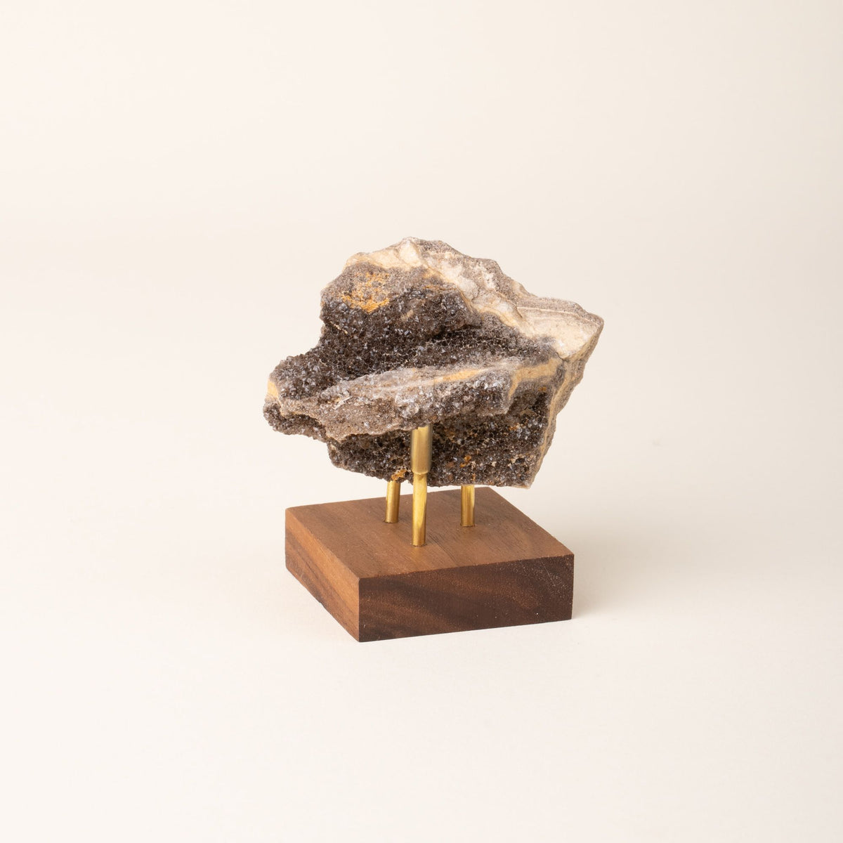 Rough, natural brilliant petrified wood with sparkling crystal formations, mounted on a small wooden base with three brass supports, displayed against a plain cream background.