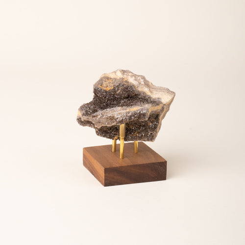 Rough, natural brilliant petrified wood with sparkling crystal formations, mounted on a small wooden base with three brass supports, displayed against a plain cream background.