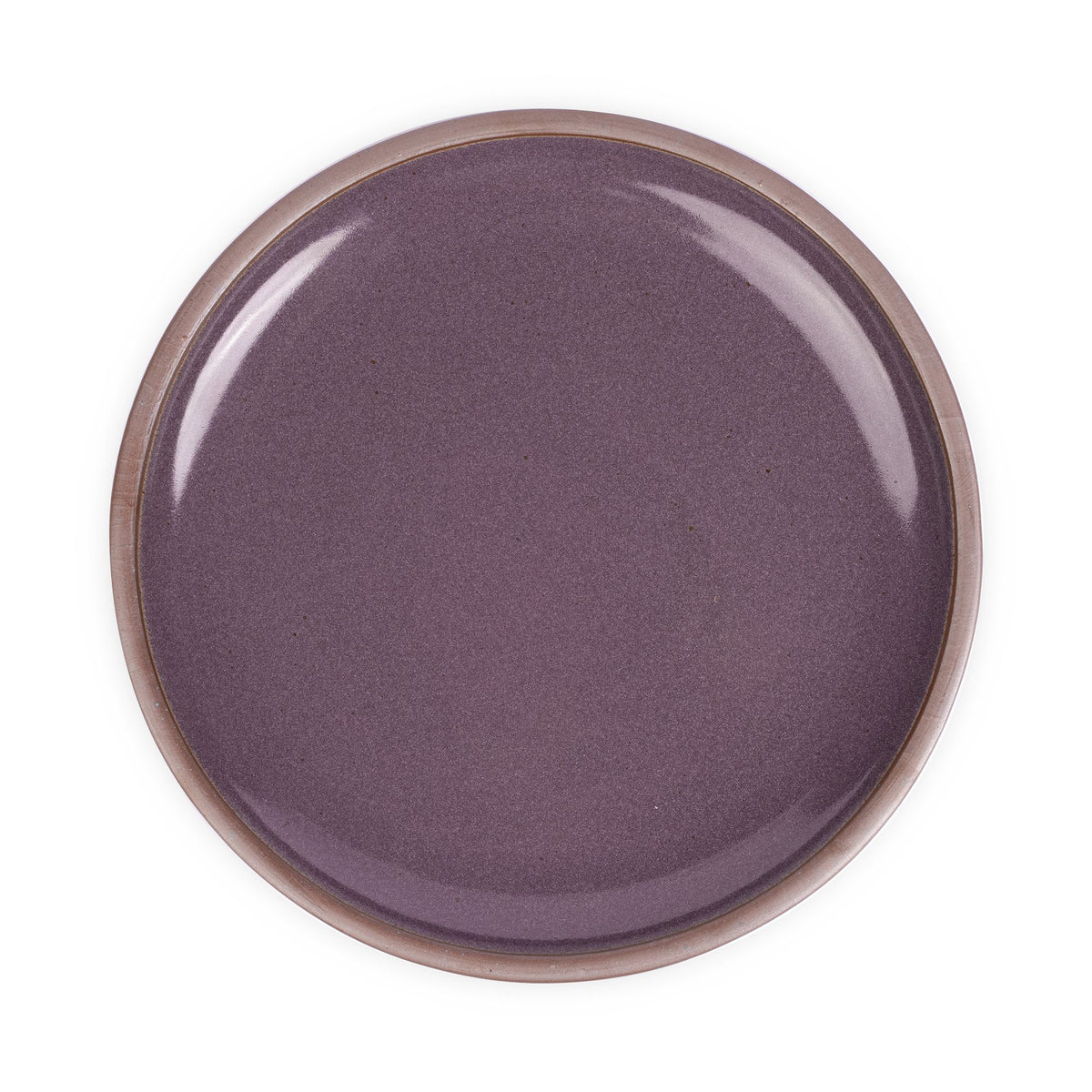 A large ceramic platter in a purple color with a soft glowing sheen, iron speckles and an unglazed rim.
