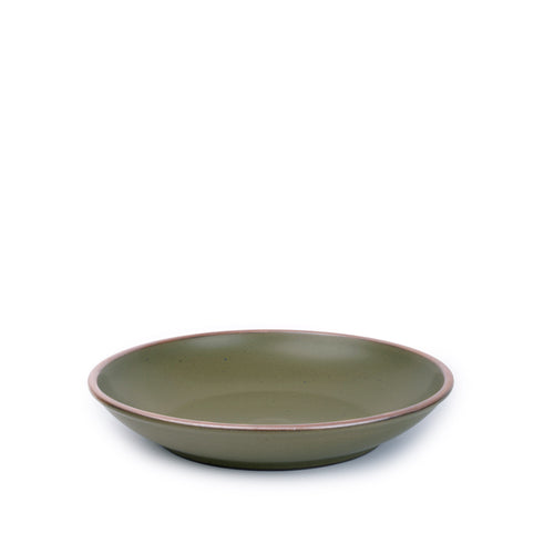 A medium side ceramic plate with a curved bowl edge in an olive green color featuring iron speckles and an unglazed rim.