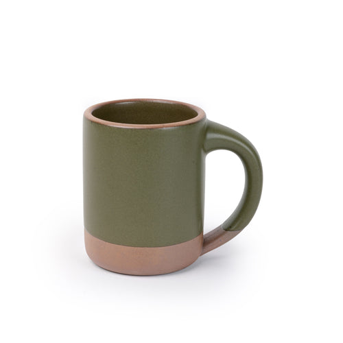 A big sized ceramic mug with handle in an olive green color featuring iron speckles and unglazed rim and bottom base.