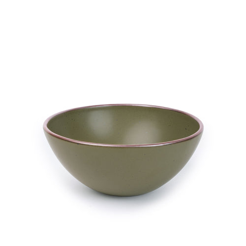 A large rounded ceramic bowl in an olive green color featuring iron speckles and an unglazed rim