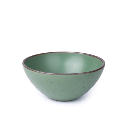 A ceramic bowl with a wide opening for serving snacks in a viridian green glaze with a matte finish.