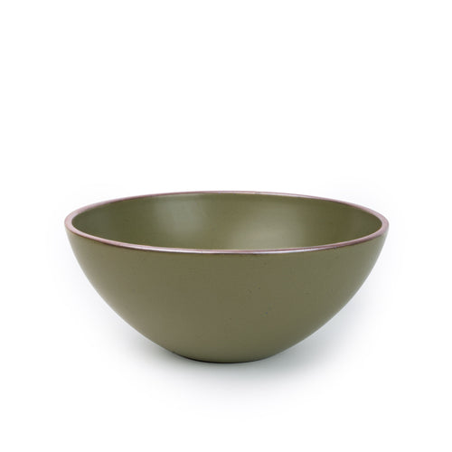 A large ceramic mixing bowl in an olive green color featuring iron speckles and an unglazed rim