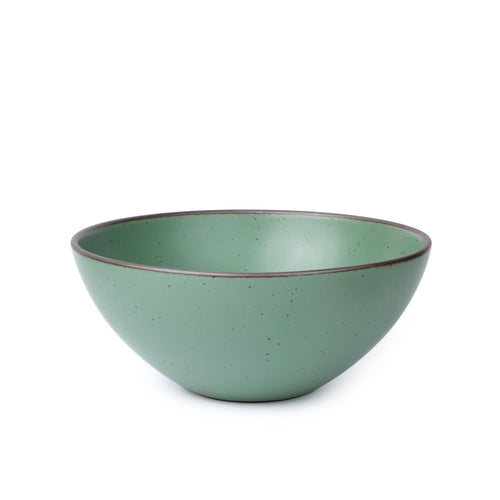 A deep ceramic bowl with a wide rim for mixing or serving in a viridian green glaze with a matte finish.