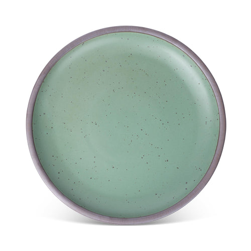 A wide ceramic platter for presenting dishes in a viridian green glaze with a matte finish.